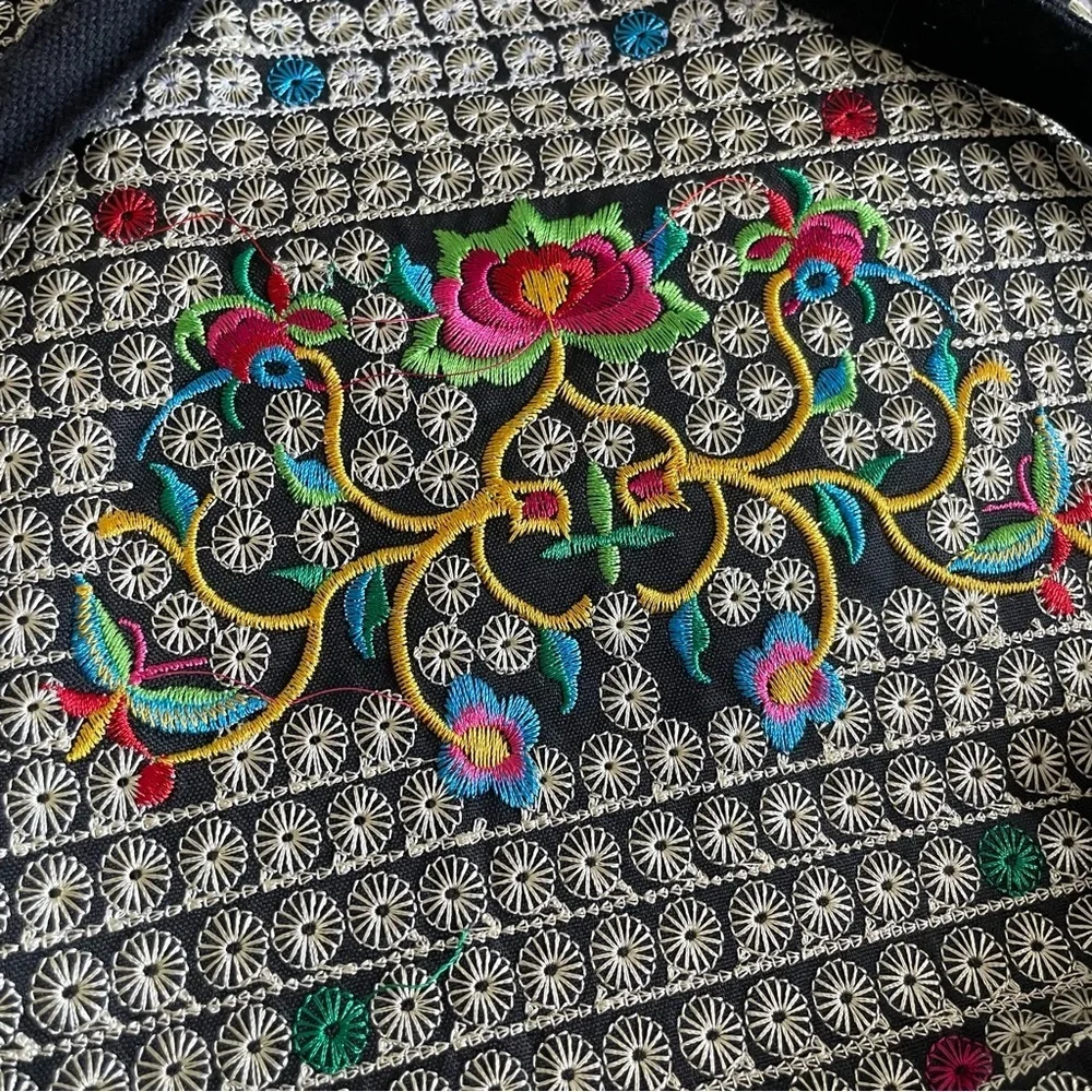 Embroidered Floral Small Backpack Drawstring Flap Over Fabric Ethnic Heritage